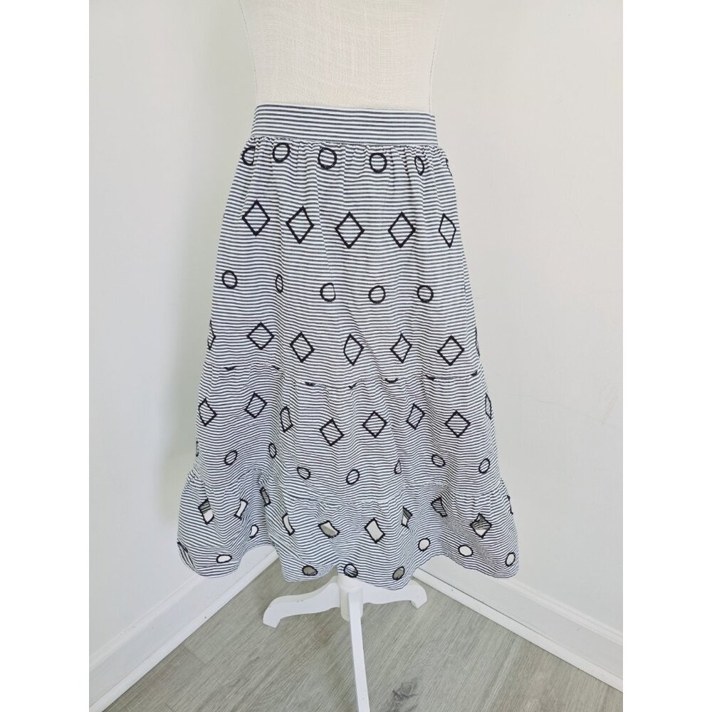 Madewell Embroidered Stripe Midi Navy White 100% Cotton Geometric Full Skirt XS - Picture 2 of 11